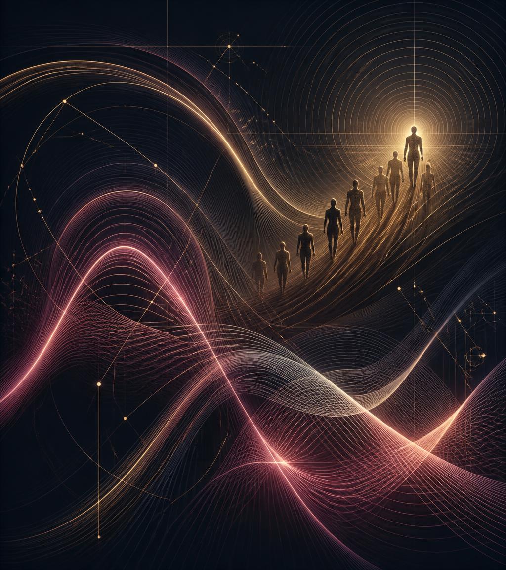 Abstract light trails and wave interference patterns over a dark field