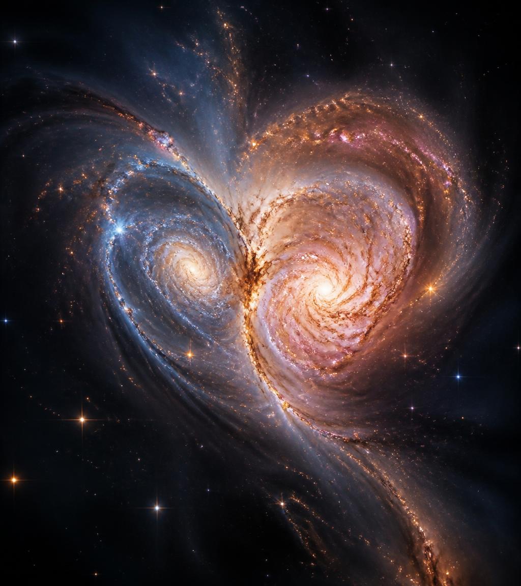 Abstract colliding galaxies: a heart-shaped form and trails of photonic light merging into one luminous whole